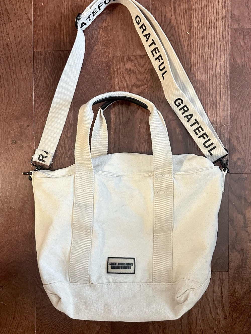 Canvas Duffel Tote Bag - White with 'Grateful' Strap